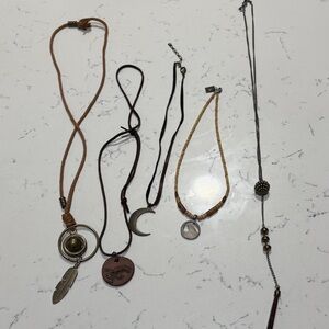 Boho Mixed Metal and Leather Women's Necklace Set in Brown and Silver